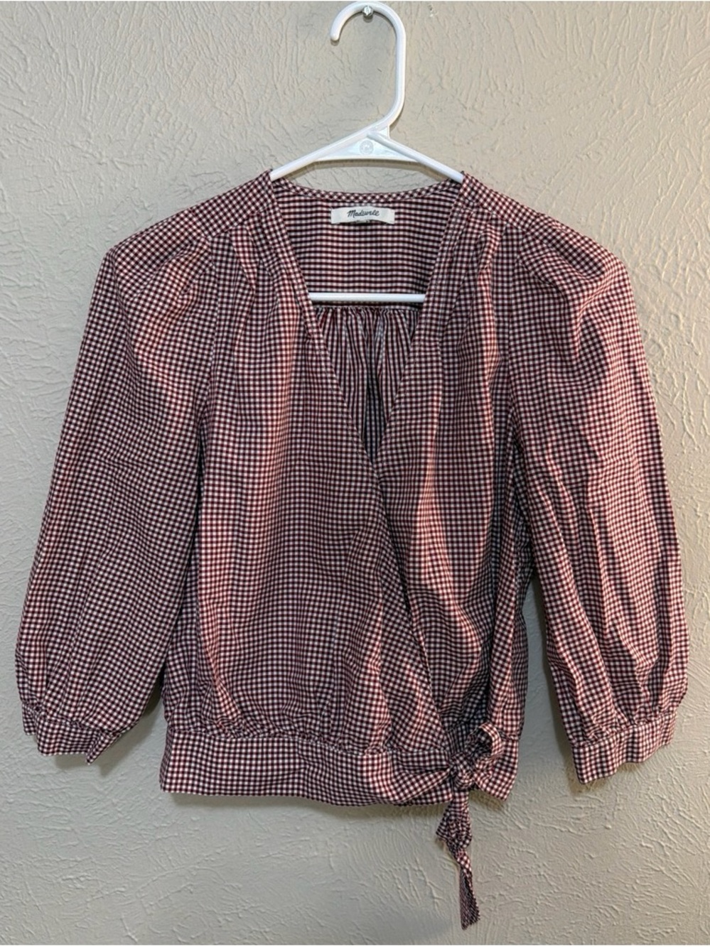Madewell Burgundy Gingham Tie-Waist Wrap Blouse